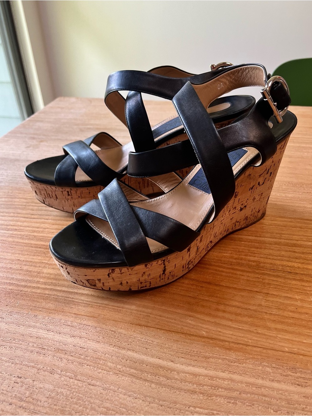 Salvatore Ferragamo Black Leather Cork Wedge Platform Sandals Size 8